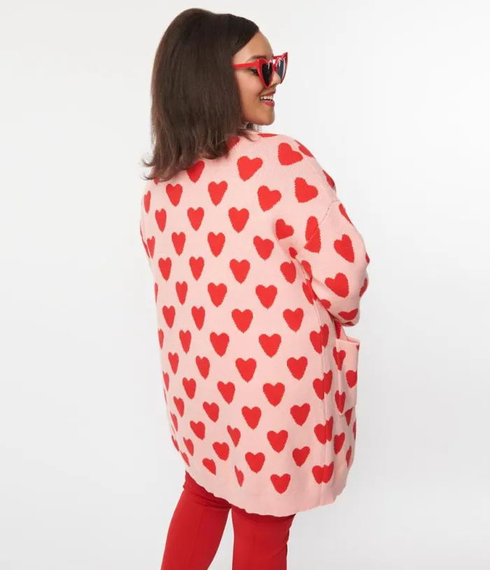 Plus Size Pink and Red Hearts Open Cardigan Clothing Unique Vintage Sweaters and Cardigans