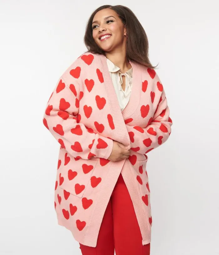 Plus Size Pink and Red Hearts Open Cardigan Clothing Unique Vintage Sweaters and Cardigans
