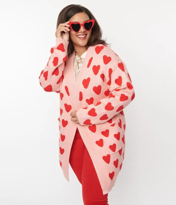 Plus Size Pink and Red Hearts Open Cardigan Clothing Unique Vintage Sweaters and Cardigans