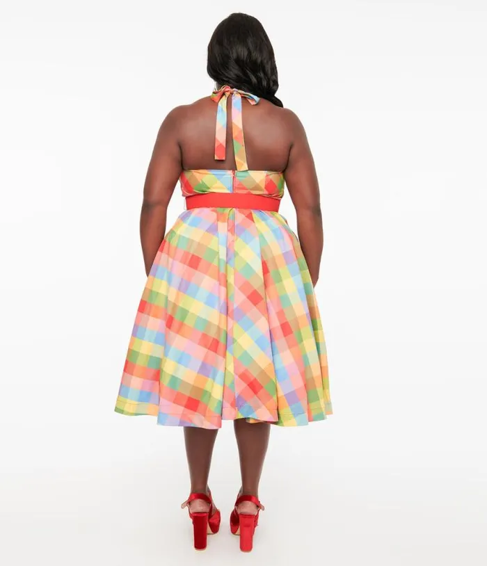 Plus Size Rainbow Madras Plaid Tarrytown Hostess Dress DressesPlus Unique Vintage Pocket Dresses