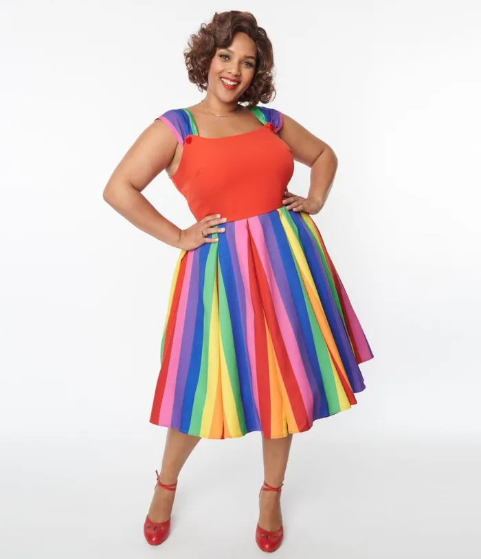 Plus Size Red and Rainbow Stripe Swing Dress DressesPlus Unique Vintage Swing