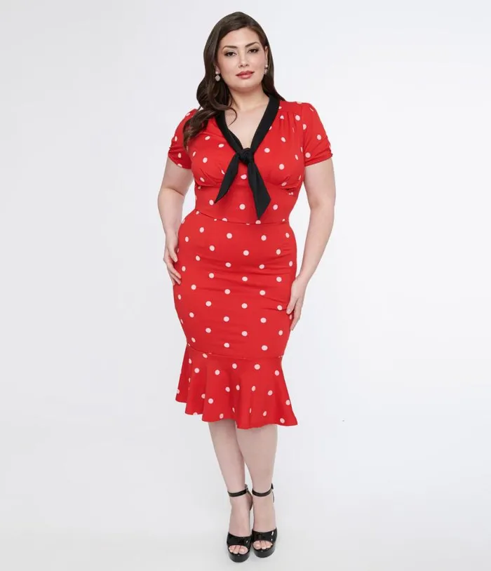 Plus Size Red and White Polka Dot Neck Tie Wiggle Dress DressesPlus Unique Vintage Pencil Plus Size Red and White Polka Dot Neck Tie Wiggle Dress DressesPlus Unique Vintage Pencil
