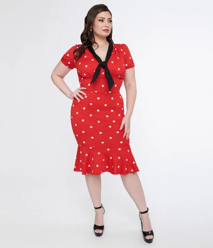Plus Size Red and White Polka Dot Neck Tie Wiggle Dress DressesPlus Unique Vintage Pencil