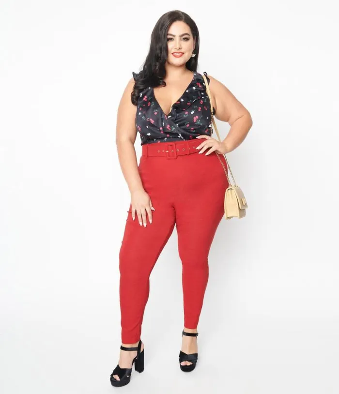 Plus Size Red Belted Rizzo Pants ClothingPlus Unique Vintage Pants