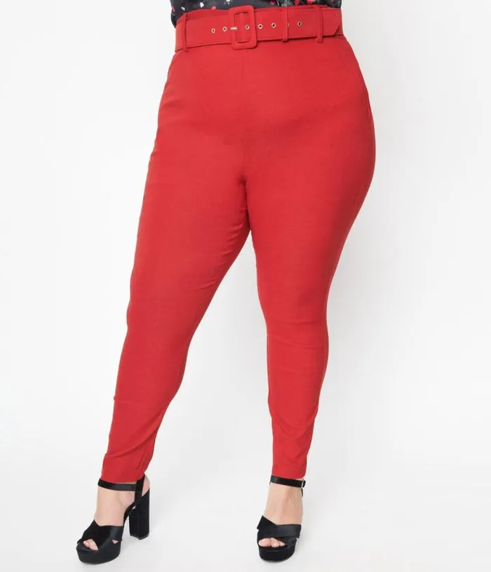 Plus Size Red Belted Rizzo Pants ClothingPlus Unique Vintage Pants