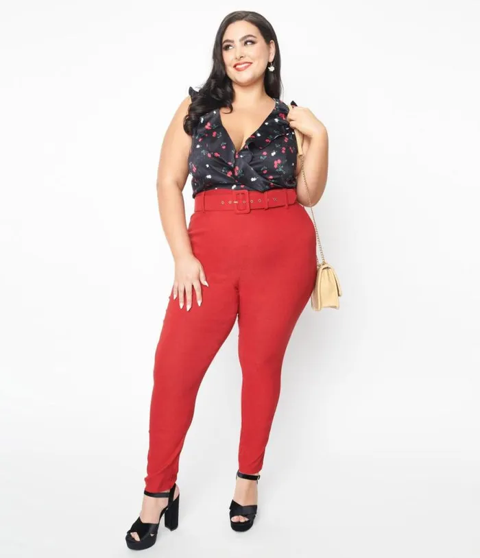 Plus Size Red Belted Rizzo Pants ClothingPlus Unique Vintage Pants