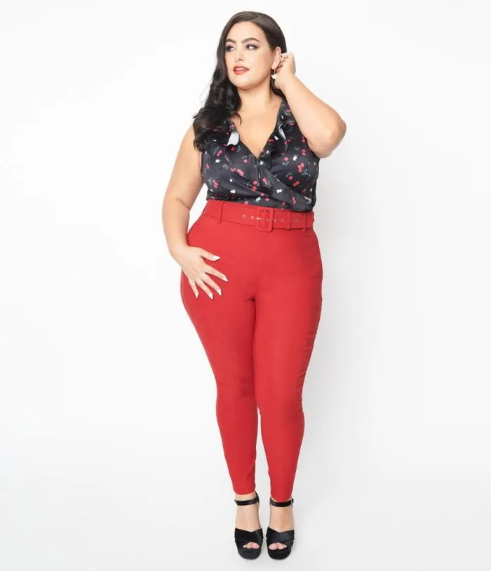Plus Size Red Belted Rizzo Pants ClothingPlus Unique Vintage Pants
