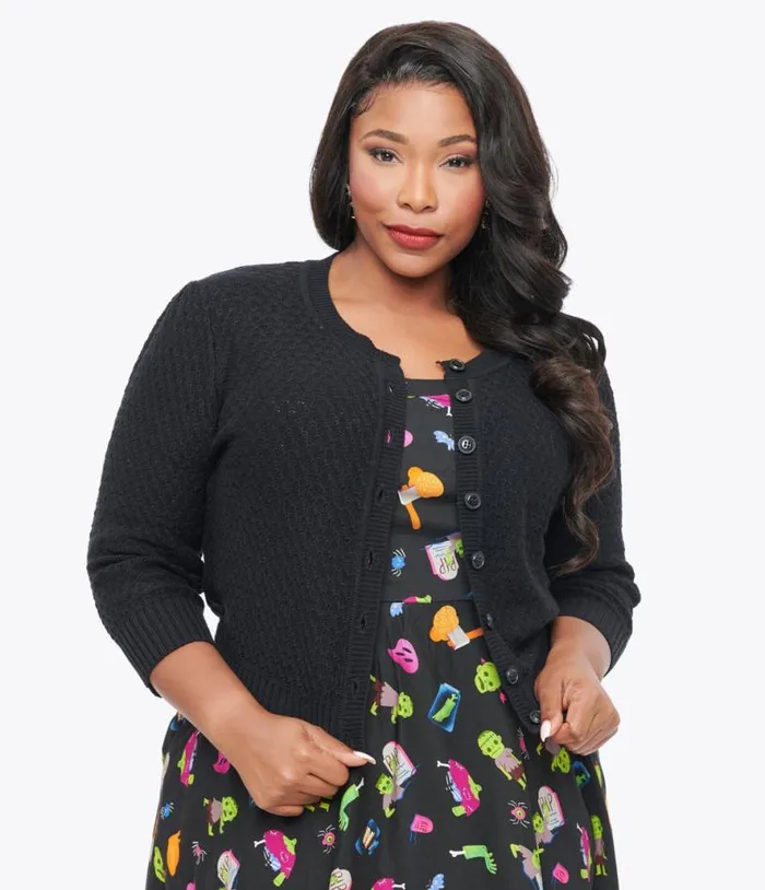 Plus Size Retro Style Black Cotton Crochet Sleeved Button Cardigan Clothing Unique Vintage Sweaters and Cardigans Plus Size Retro Style Black Cotton Crochet Sleeved Button Cardigan Clothing Unique Vintage Sweaters and Cardigans