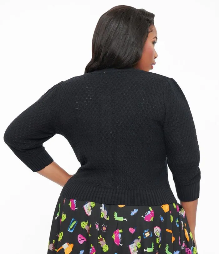 Plus Size Retro Style Black Cotton Crochet Sleeved Button Cardigan Clothing Unique Vintage Sweaters and Cardigans