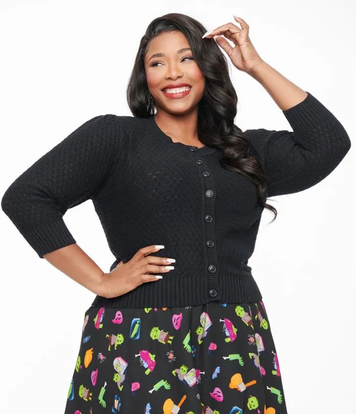 Plus Size Retro Style Black Cotton Crochet Sleeved Button Cardigan Clothing Unique Vintage Sweaters and Cardigans