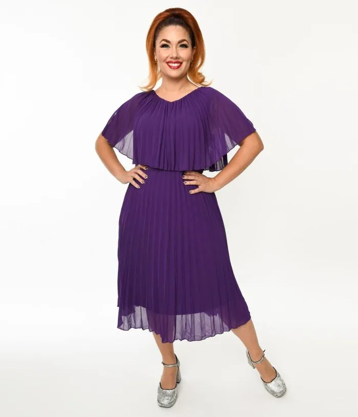 Plus Size Royal Purple Pleated Midi Dress Dresses Unique Vintage Midi