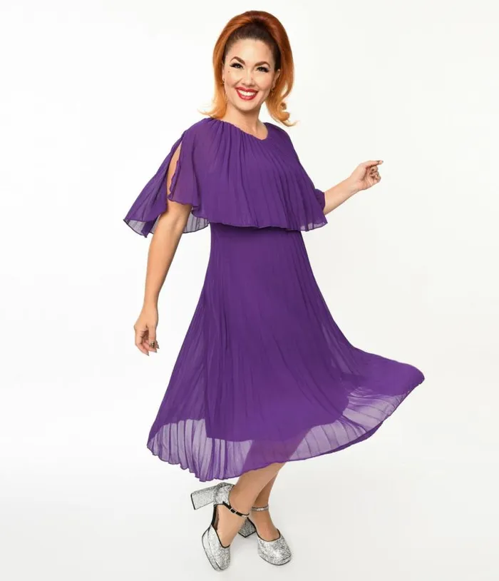 Plus Size Royal Purple Pleated Midi Dress Dresses Unique Vintage Midi