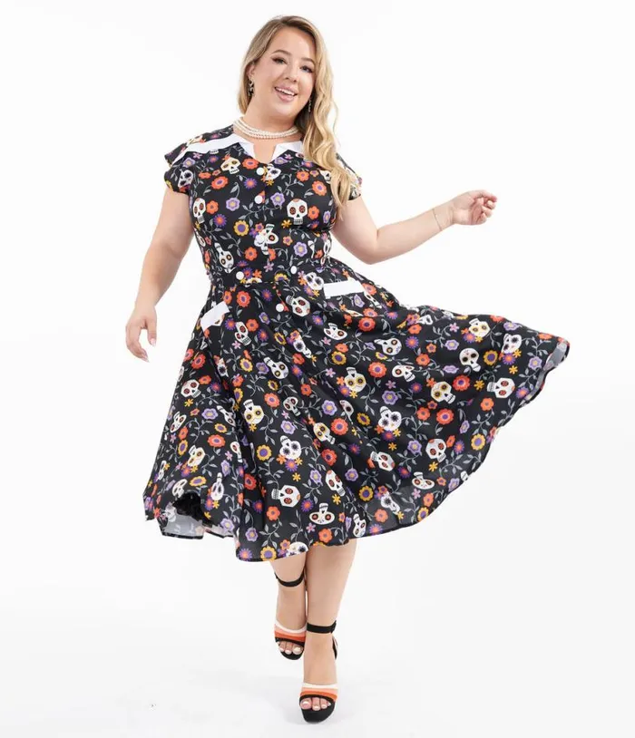 Plus Size Sugar Skulls Hedda Swing Dress Dresses Unique Vintage Pocket Dresses