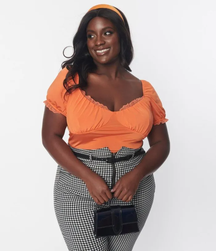 Plus Size Tangerine Lace Trim Puff Sleeve Blouse ClothingHalloweenPlus Unique Vintage Tops Plus Size Tangerine Lace Trim Puff Sleeve Blouse ClothingHalloweenPlus Unique Vintage Tops