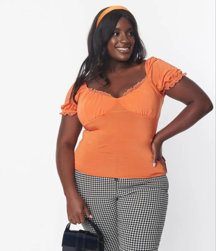 Plus Size Tangerine Lace Trim Puff Sleeve Blouse ClothingHalloweenPlus Unique Vintage Tops