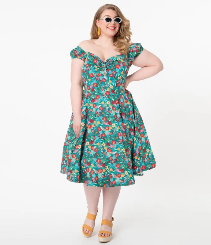 Plus Size Teal and Multicolor Tropical Floral Print Preston Swing Dress DressesPlus Unique Vintage Pocket Dresses Plus Size Teal and Multicolor Tropical Floral Print Preston Swing Dress DressesPlus Unique Vintage Pocket Dresses