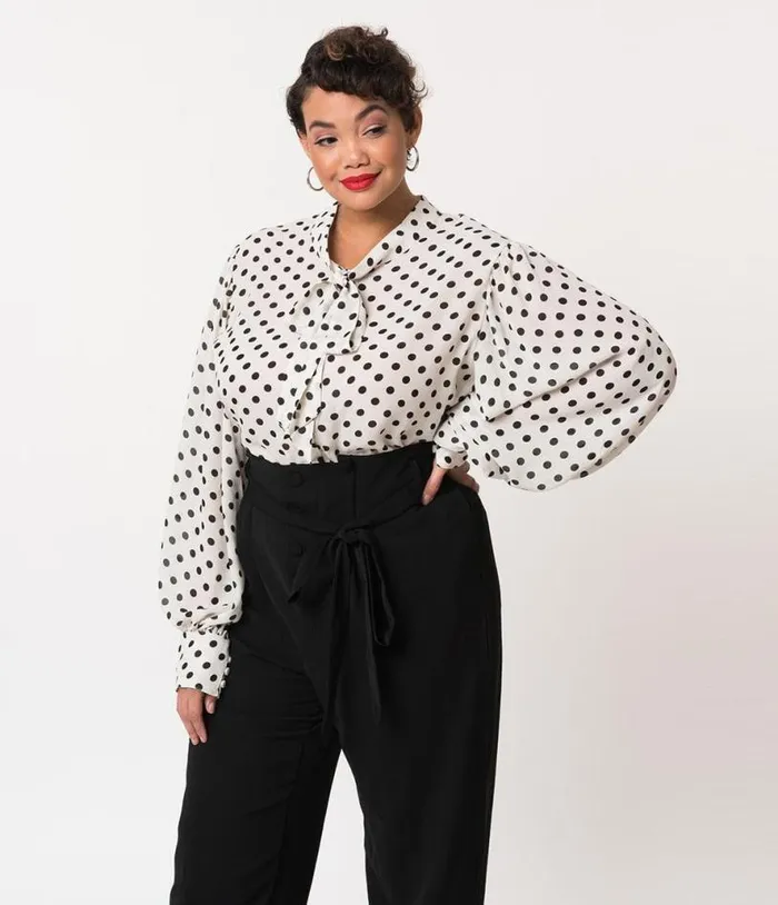 Plus Size White and Black Polka Dot Neck Tie Gwen Blouse ClothingPlus Unique Vintage Blouses Plus Size White and Black Polka Dot Neck Tie Gwen Blouse ClothingPlus Unique Vintage Blouses