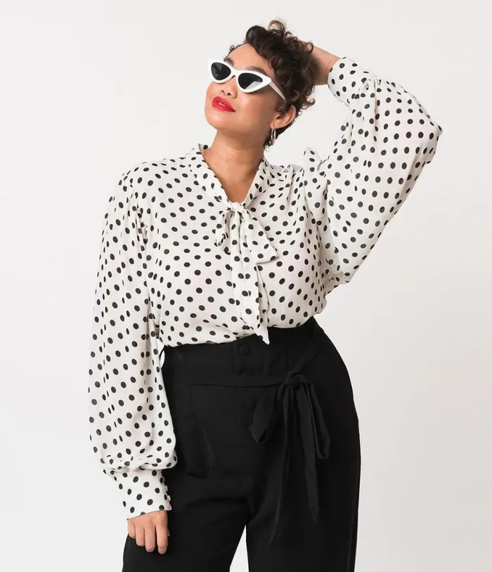 Plus Size White and Black Polka Dot Neck Tie Gwen Blouse ClothingPlus Unique Vintage Blouses