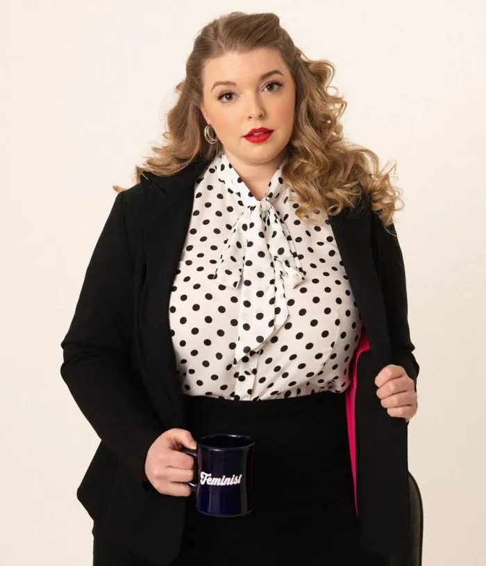 Plus Size White and Black Polka Dot Neck Tie Gwen Blouse ClothingPlus Unique Vintage Blouses
