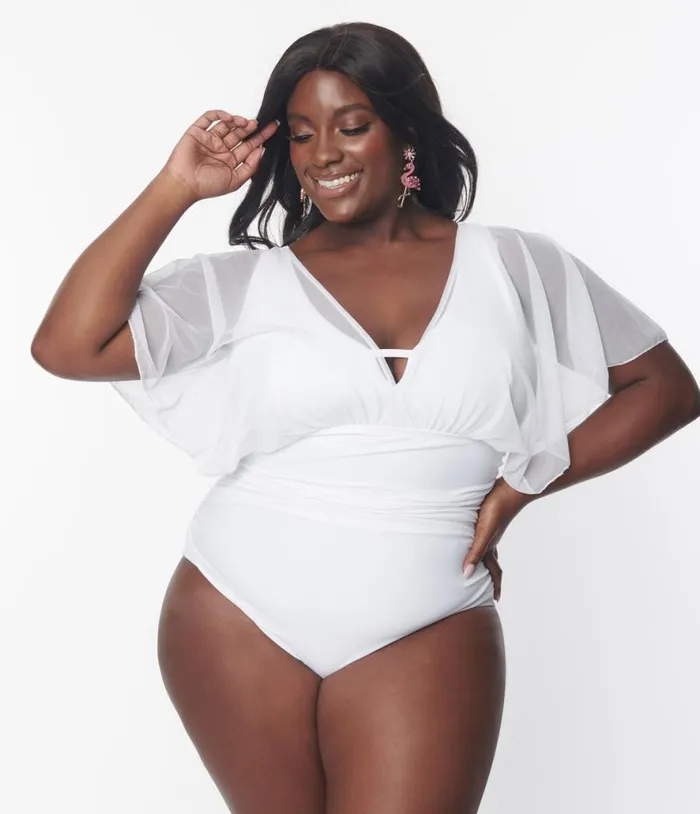 Plus Size White Mesh Sleeved Torrey Swimsuit Plus Unique Vintage One Piece Swim Plus Size White Mesh Sleeved Torrey Swimsuit Plus Unique Vintage One Piece Swim