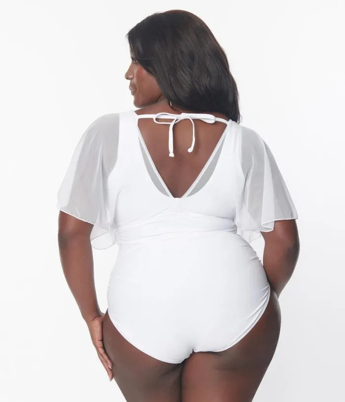 Plus Size White Mesh Sleeved Torrey Swimsuit Plus Unique Vintage One Piece Swim