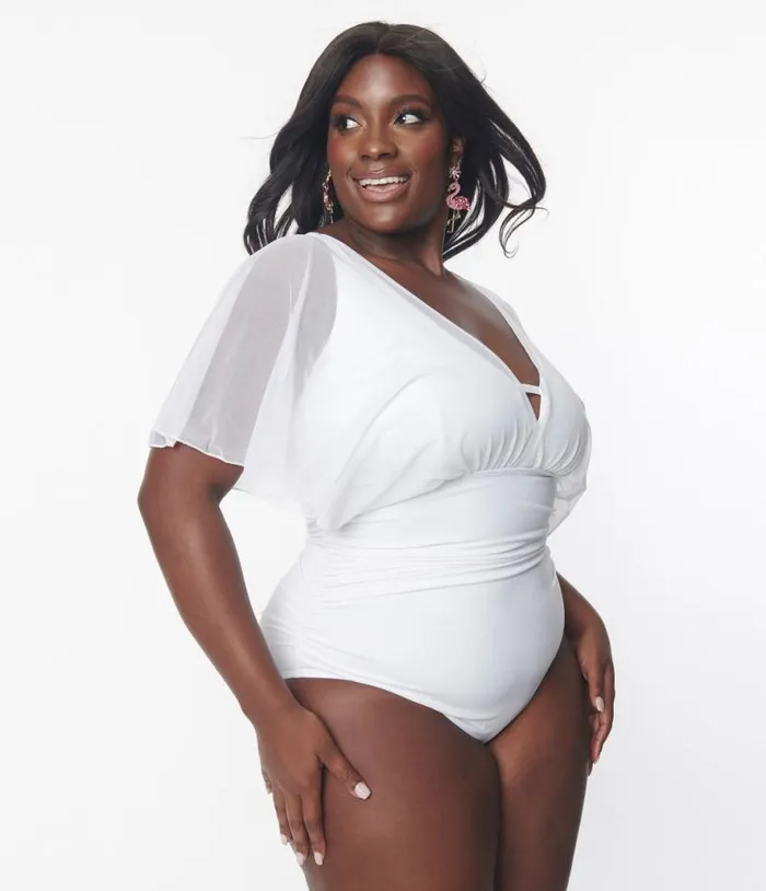 Plus Size White Mesh Sleeved Torrey Swimsuit Plus Unique Vintage One Piece Swim