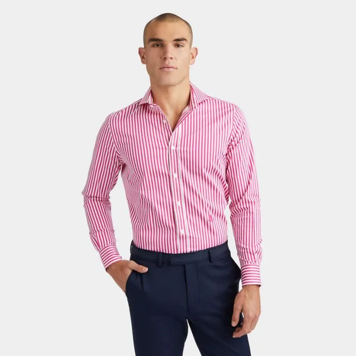 Polos and Shirts Men GFORE VERTICAL STRIPE STRETCH ICE WOVEN MODERN SPREAD COLLAR SHIRT Day Glow Pink