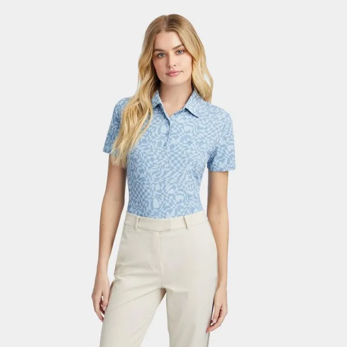 Polos Women GFORE DISTORTED CHECK SILKY TECH NYLON POLO Fjord