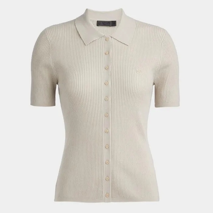 Polos Women GFORE RIBBED MERINO WOOL SHORT SLEEVE BUTTON DOWN SWEATER Stone