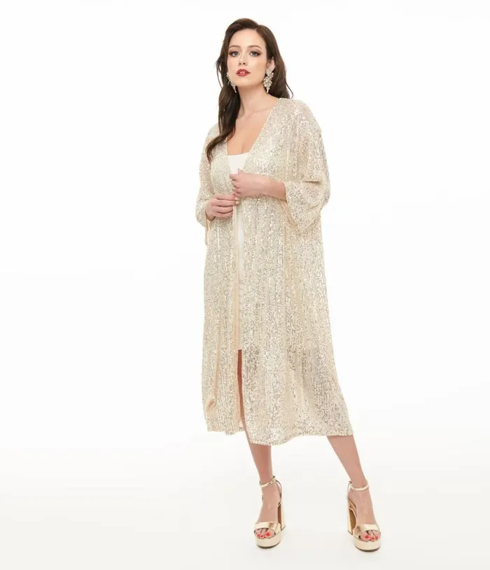 Pretty Attitude Clothing Beige Sequin Kimono ClothingPlus Unique Vintage Jackets