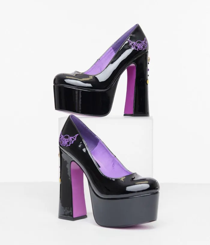 Purple and Black Elvira Dagger Pumps HalloweenShoes Unique Vintage Heels