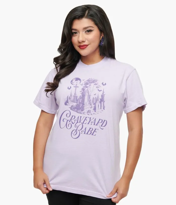 Purple Graveyard Babe Unisex Graphic Tee ClothingHalloweenPlus Unique Vintage Graphic Tees