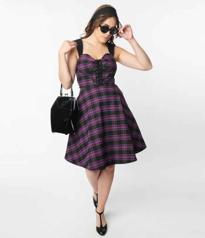 Purple Plaid Corset Flare Dress DressesHalloween Unique Vintage Dresses