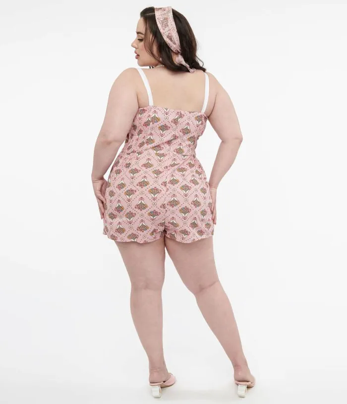 Pusheen X Plus Size Pink Pusheen Floral Bouquet Print Rae Romper ClothingPlus Unique Vintage Rompers and Jumpsuits
