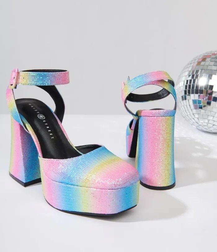 Rainbow Glitter Chunky Platform Heels Shoes Unique Vintage Heels