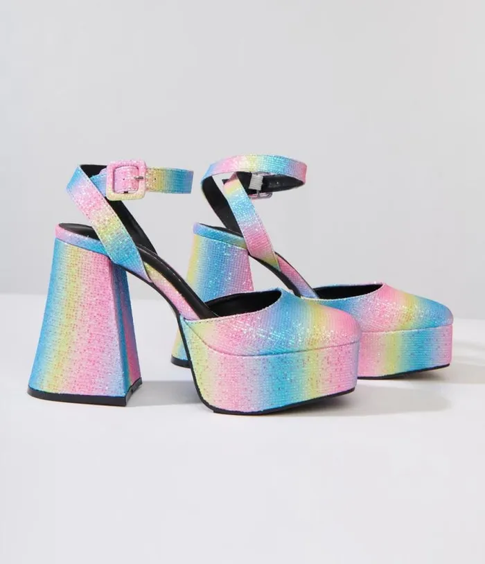 Rainbow Glitter Chunky Platform Heels Shoes Unique Vintage Heels