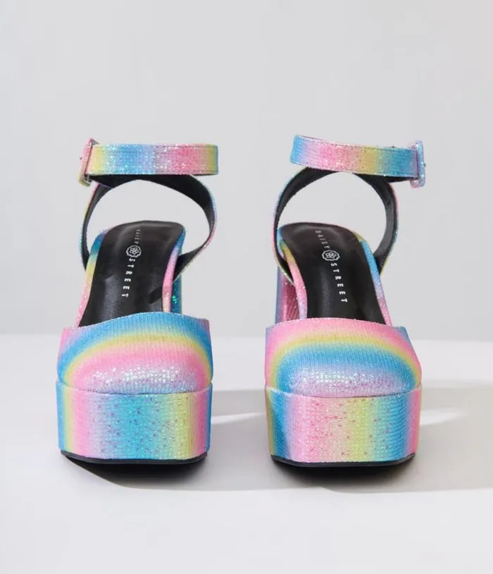 Rainbow Glitter Chunky Platform Heels Shoes Unique Vintage Heels