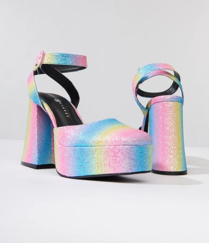 Rainbow Glitter Chunky Platform Heels Shoes Unique Vintage Heels