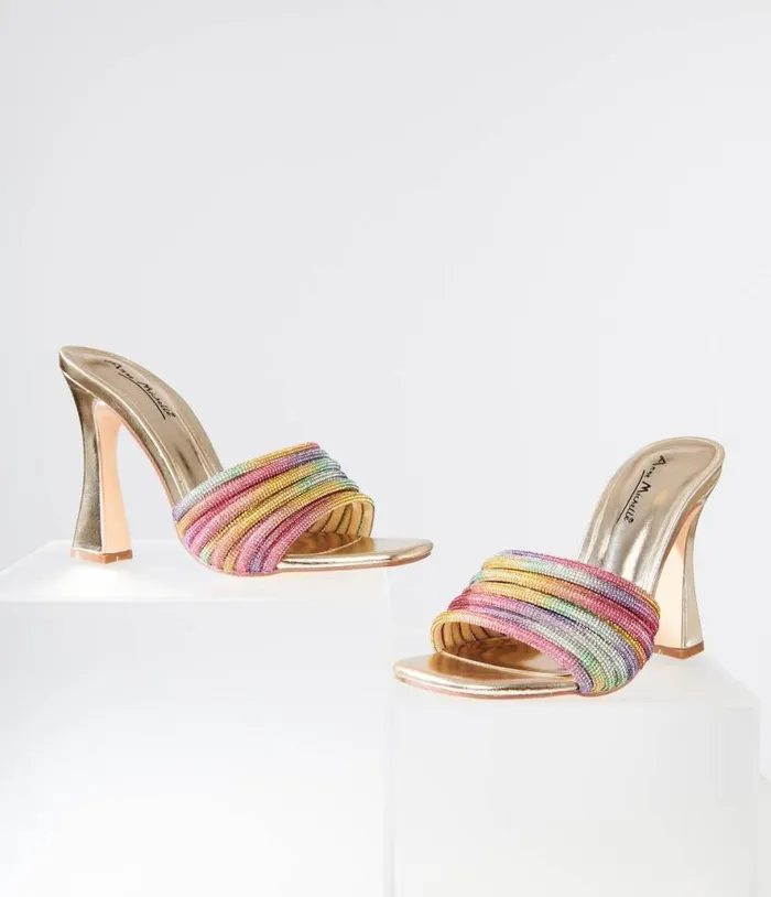 Rainbow Rhinestone and Metallic Gold Heels Shoes Unique Vintage Heels