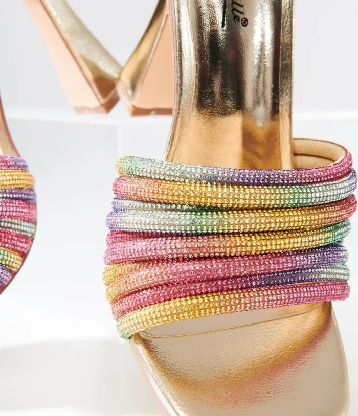 Rainbow Rhinestone and Metallic Gold Heels Shoes Unique Vintage Heels