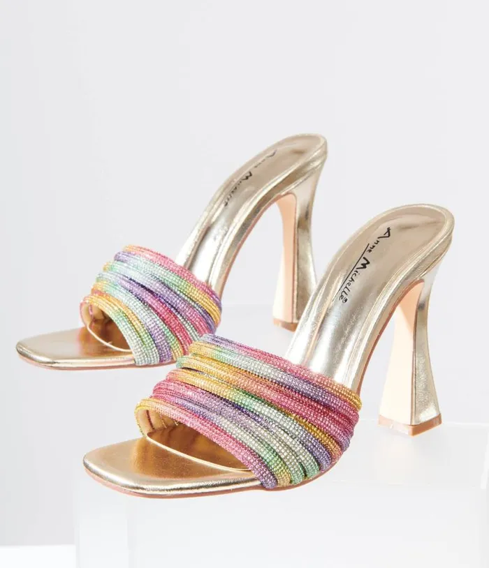 Rainbow Rhinestone and Metallic Gold Heels Shoes Unique Vintage Heels