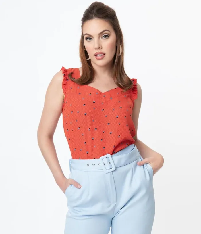 Red Abstract Pattern and Blue Floral Print Sleeveless Blouse Clothing Unique Vintage Blouses Red Abstract Pattern and Blue Floral Print Sleeveless Blouse Clothing Unique Vintage Blouses