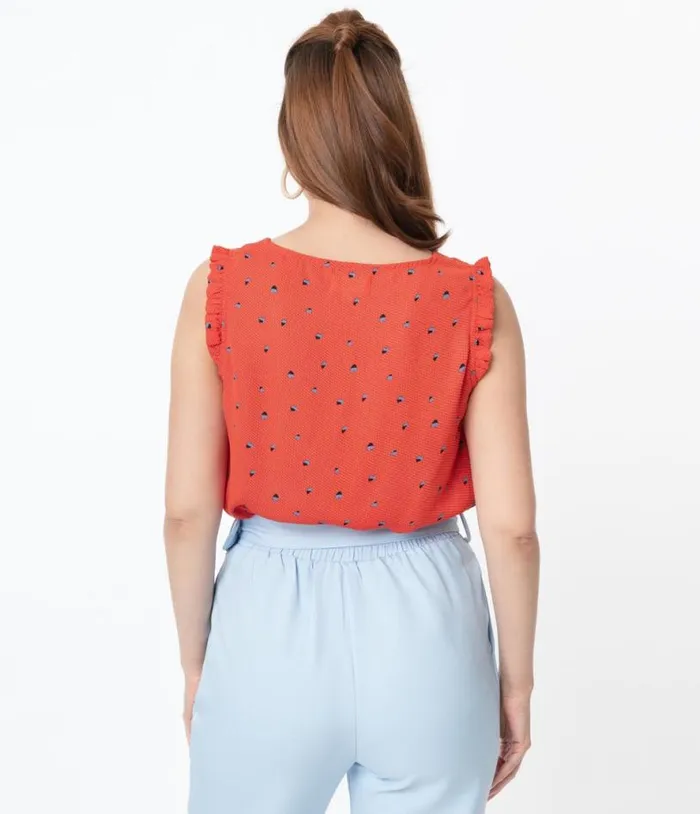 Red Abstract Pattern and Blue Floral Print Sleeveless Blouse Clothing Unique Vintage Blouses