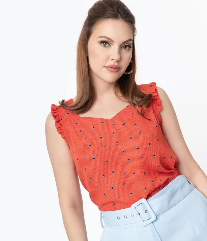 Red Abstract Pattern and Blue Floral Print Sleeveless Blouse Clothing Unique Vintage Blouses