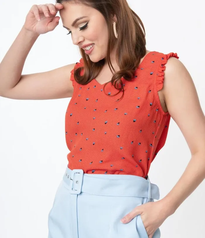 Red Abstract Pattern and Blue Floral Print Sleeveless Blouse Clothing Unique Vintage Blouses