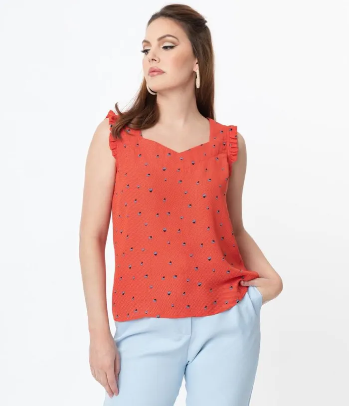 Red Abstract Pattern and Blue Floral Print Sleeveless Blouse Clothing Unique Vintage Blouses