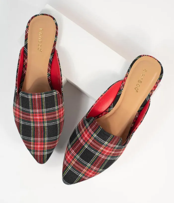 Red and Black Plaid Fabric Mules Shoes Unique Vintage Flats