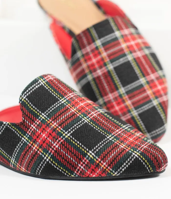 Red and Black Plaid Fabric Mules Shoes Unique Vintage Flats