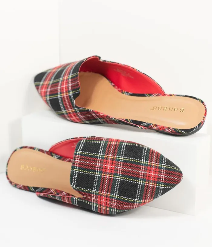 Red and Black Plaid Fabric Mules Shoes Unique Vintage Flats