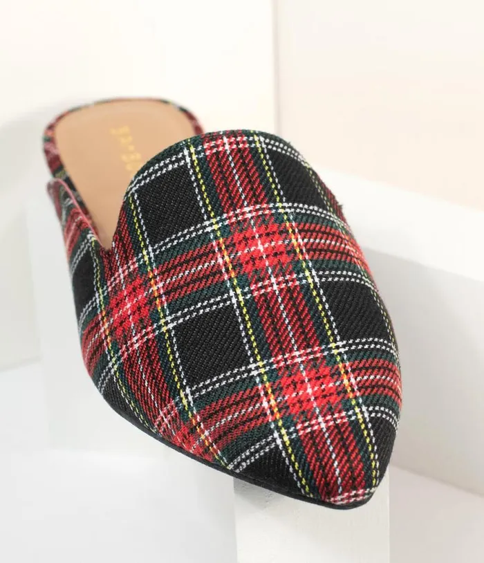 Red and Black Plaid Fabric Mules Shoes Unique Vintage Flats